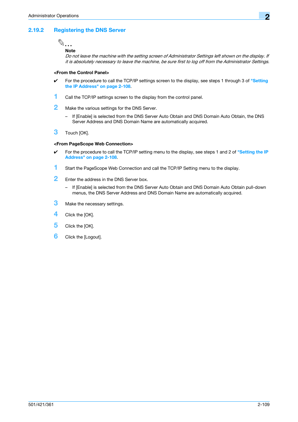 2 registering the dns server, From the control panel | Konica Minolta bizhub 361 User Manual | Page 126 / 217