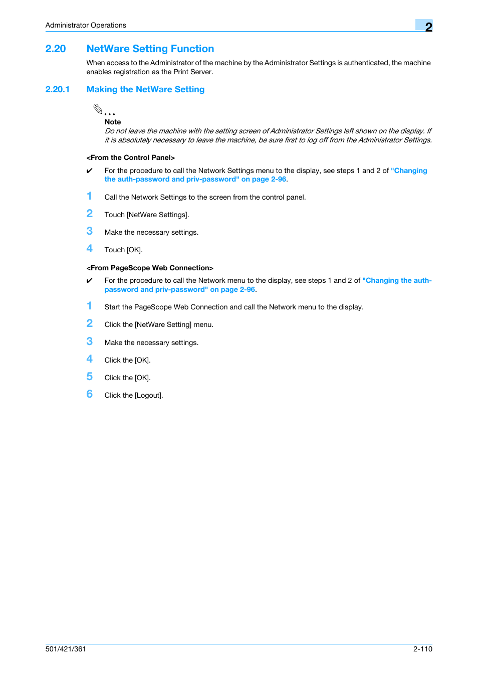 20 netware setting function, 1 making the netware setting, From the control panel | Netware setting function -110 | Konica Minolta bizhub 361 User Manual | Page 127 / 217