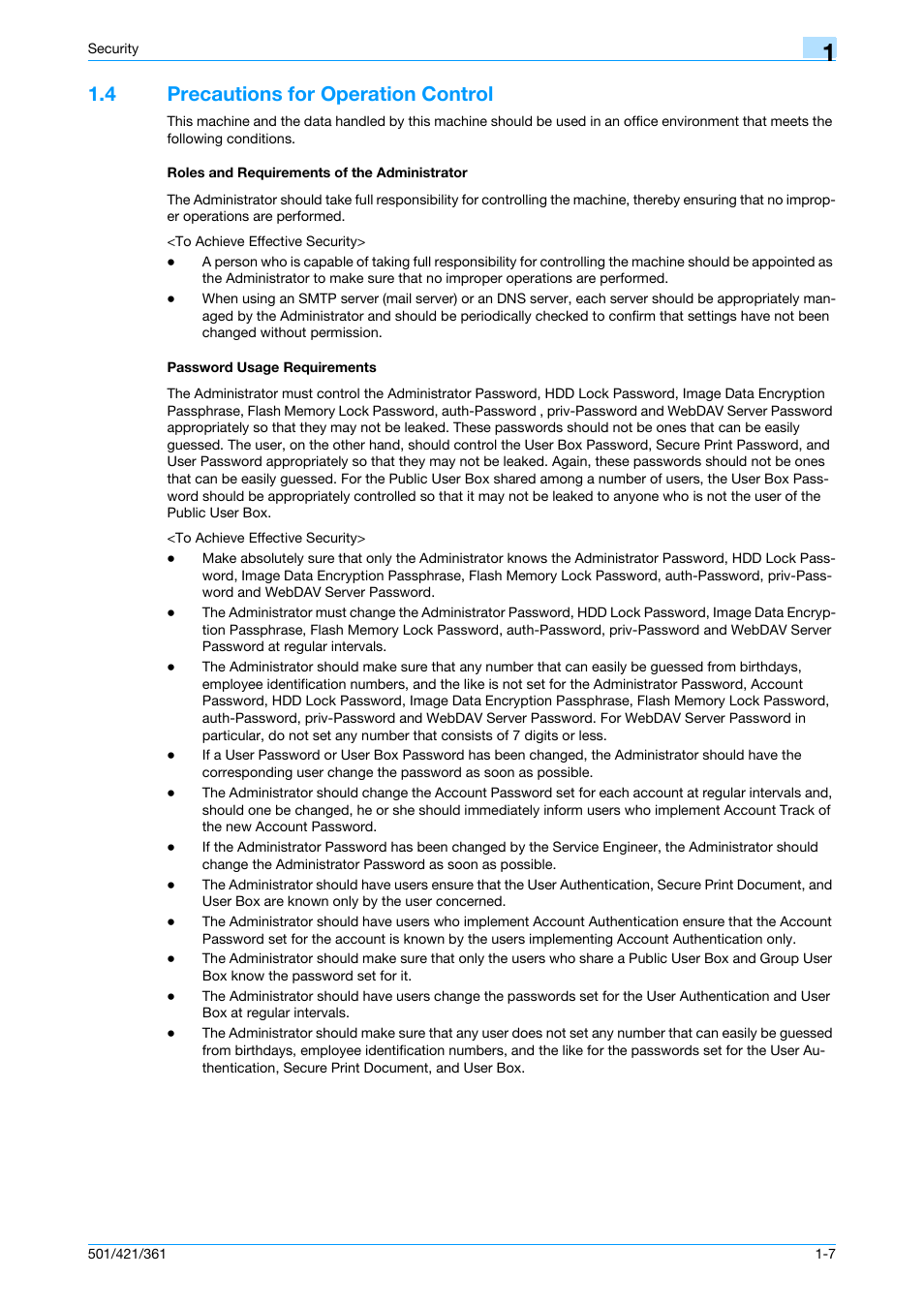 4 precautions for operation control, Roles and requirements of the administrator, Password usage requirements | Konica Minolta bizhub 361 User Manual | Page 13 / 217