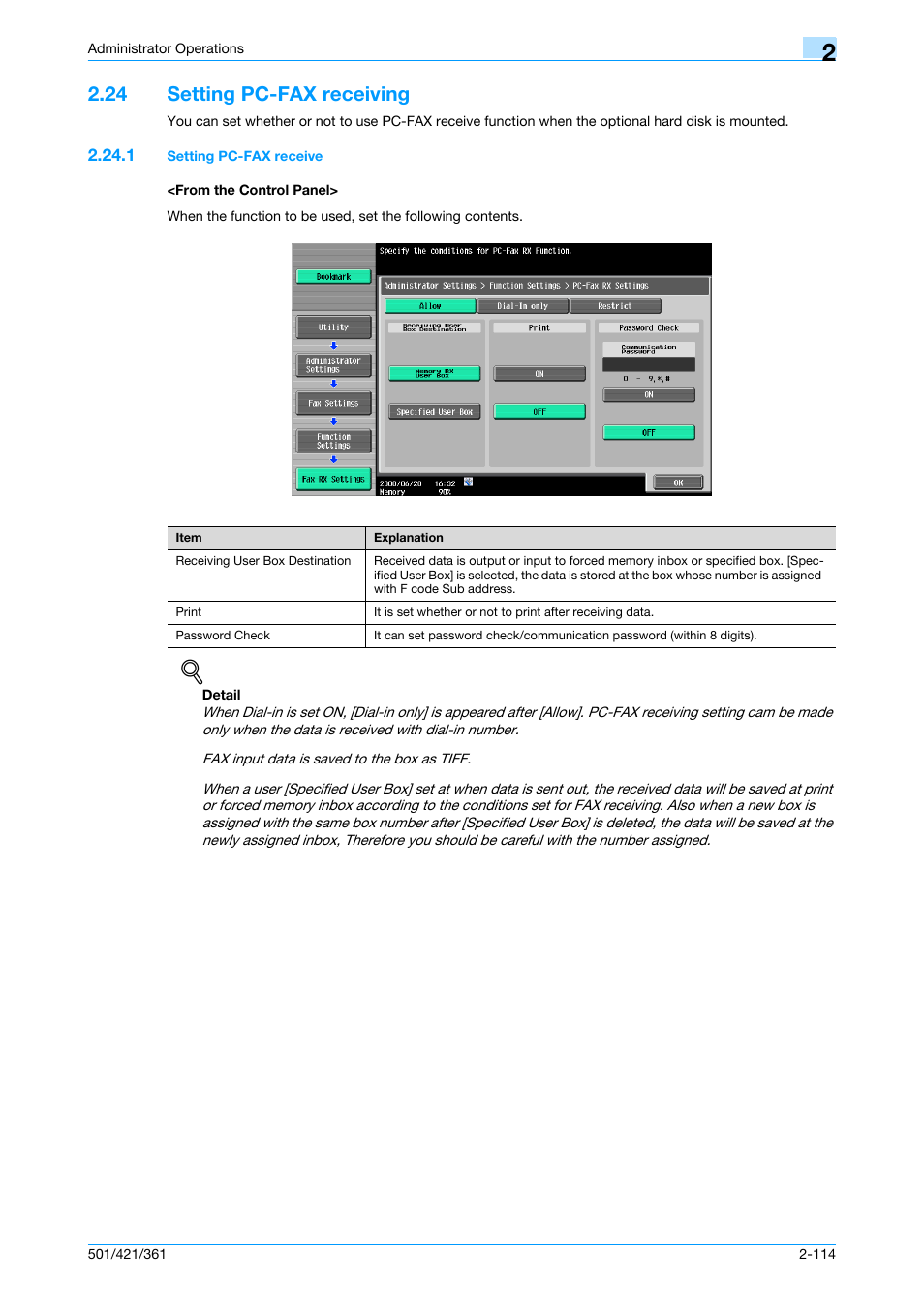 24 setting pc-fax receiving, 1 setting pc-fax receive, From the control panel | Setting pc-fax receiving -114 | Konica Minolta bizhub 361 User Manual | Page 131 / 217