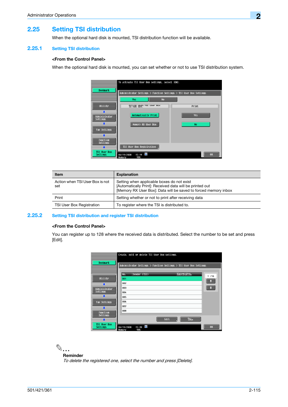 25 setting tsi distribution, 1 setting tsi distribution, From the control panel | Setting tsi distribution -115 | Konica Minolta bizhub 361 User Manual | Page 132 / 217