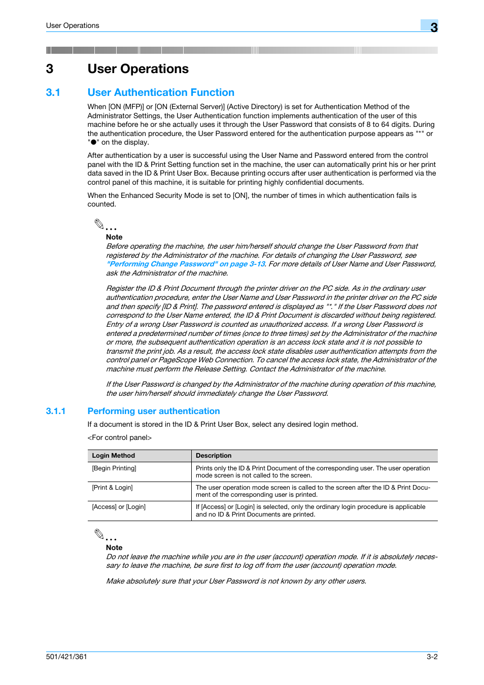 3 user operations, 1 user authentication function, 1 performing user authentication | User operations, User authentication function -2, Performing user authentication -2, 3user operations | Konica Minolta bizhub 361 User Manual | Page 135 / 217