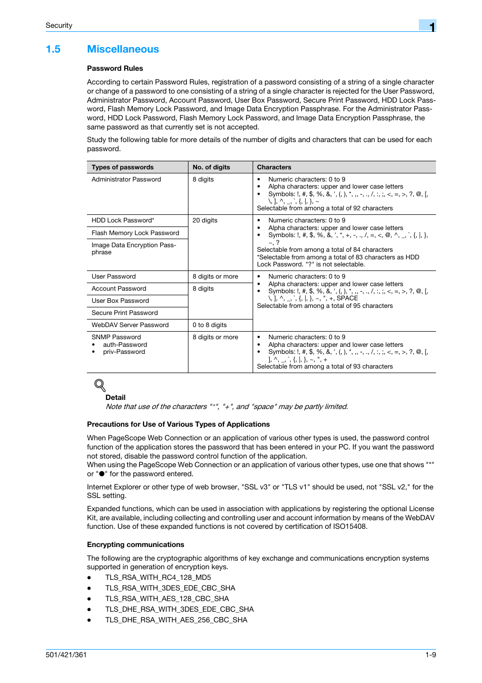 5 miscellaneous, Password rules, Encrypting communications | Konica Minolta bizhub 361 User Manual | Page 15 / 217