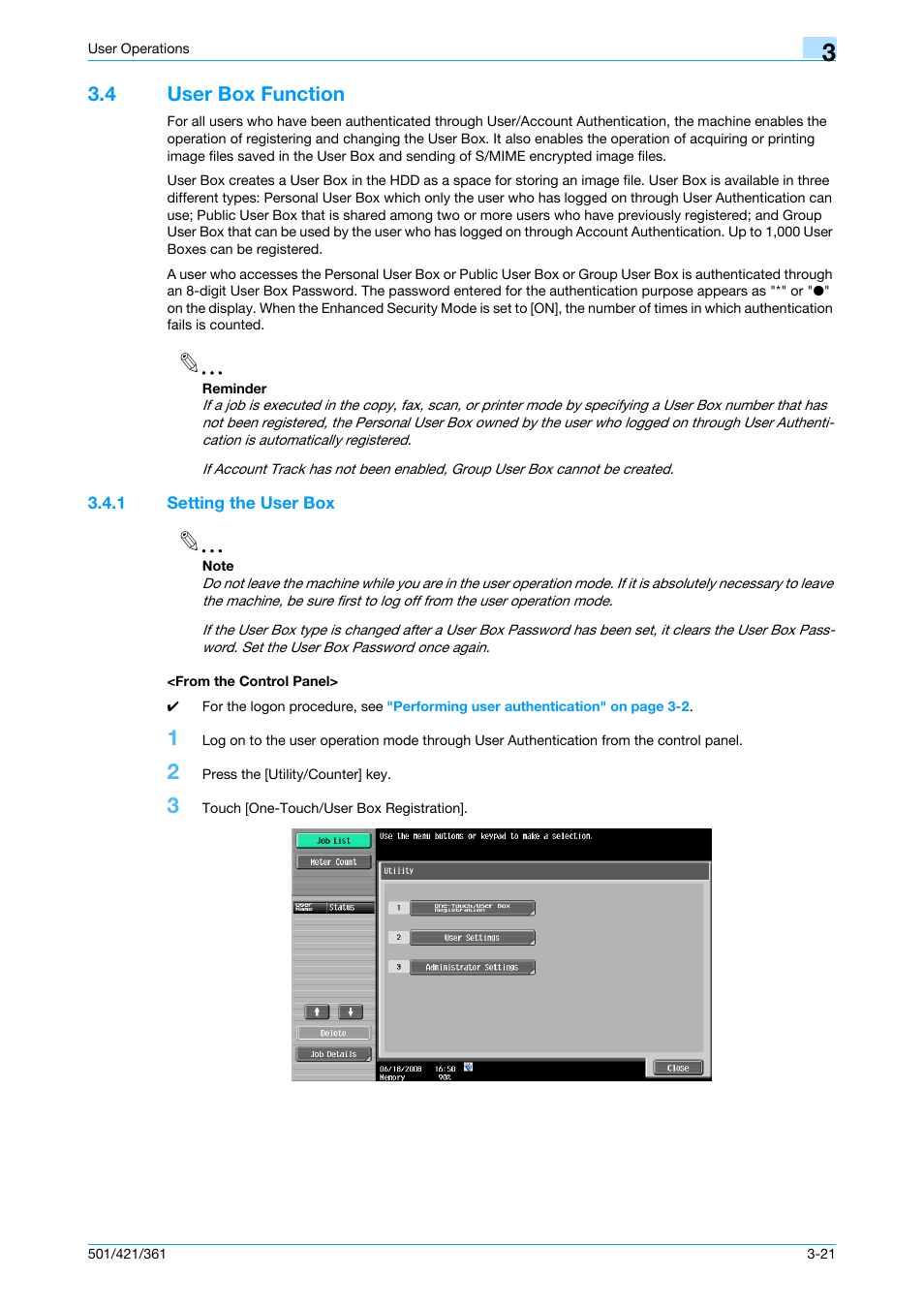 4 user box function, 1 setting the user box, From the control panel | User box function -21 | Konica Minolta bizhub 361 User Manual | Page 154 / 217