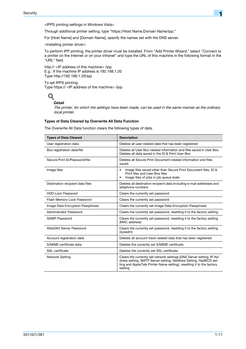 Unction, see, Types of data cleared by | Konica Minolta bizhub 361 User Manual | Page 17 / 217