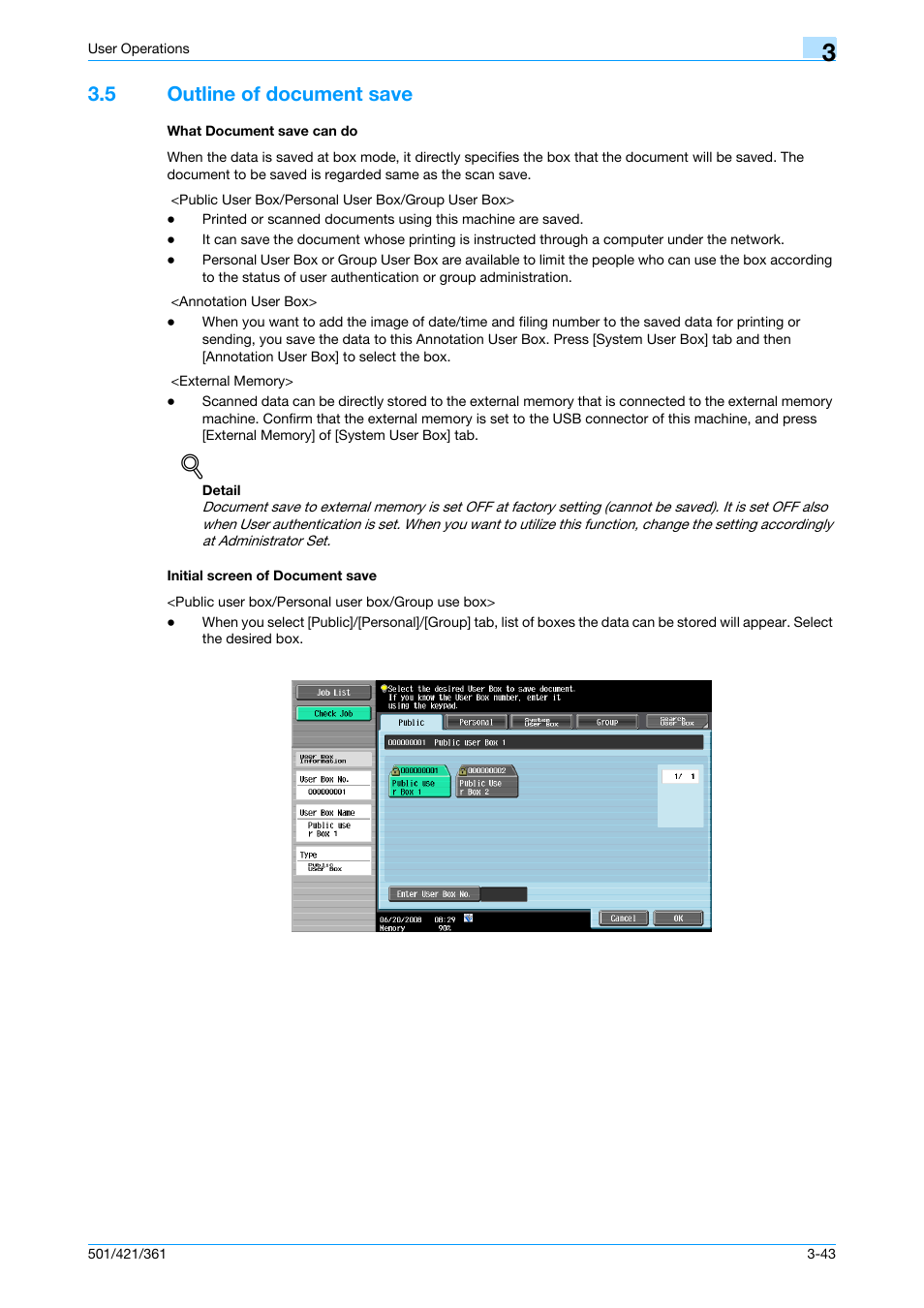 5 outline of document save, What document save can do, Initial screen of document save | Konica Minolta bizhub 361 User Manual | Page 176 / 217