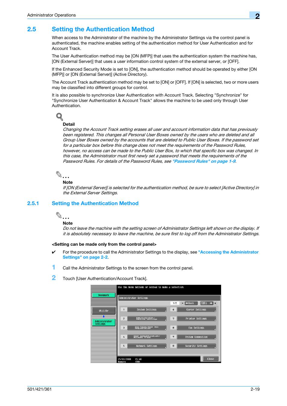 5 setting the authentication method, 1 setting the authentication method, Setting can be made only from the control panel | Setting the authentication method -19 | Konica Minolta bizhub 361 User Manual | Page 36 / 217