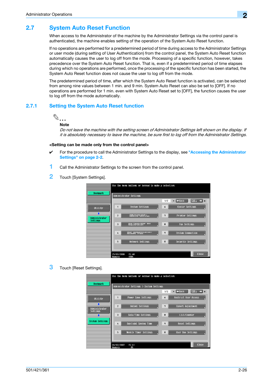 7 system auto reset function, 1 setting the system auto reset function, Setting can be made only from the control panel | System auto reset function -26 | Konica Minolta bizhub 361 User Manual | Page 43 / 217