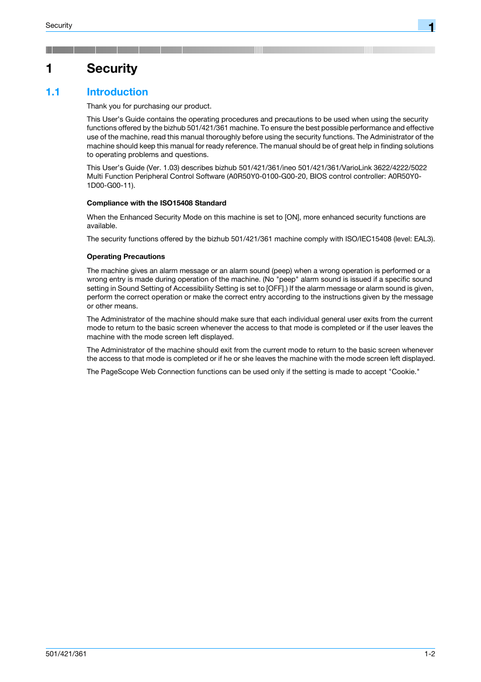 1 security, 1 introduction, Compliance with the iso15408 standard | Operating precautions, Security, 1security | Konica Minolta bizhub 361 User Manual | Page 8 / 217