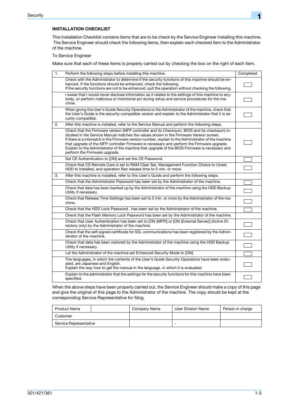 Installation checklist, Installation checklist -3 | Konica Minolta bizhub 361 User Manual | Page 9 / 217