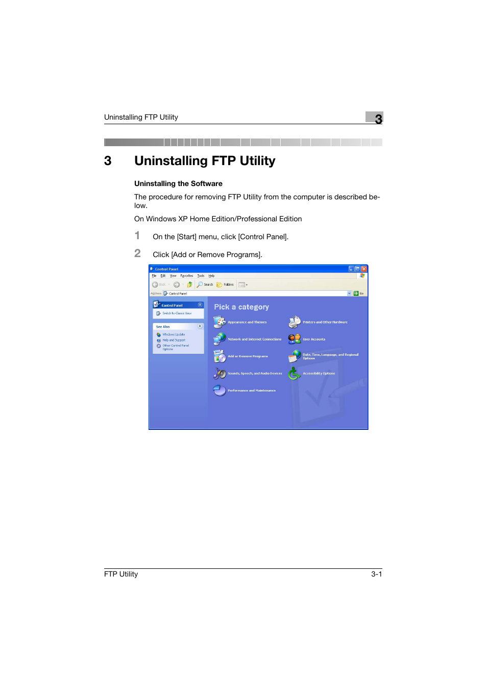 3 uninstalling ftp utility, Uninstalling the software, 3uninstalling ftp utility | Konica Minolta bizhub PRO C500 User Manual | Page 8 / 12