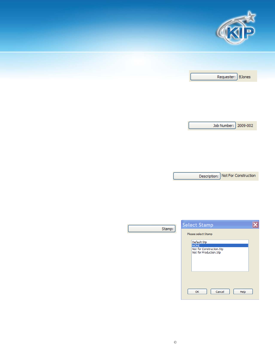 User name, Job number, Description | Stamp, Kip certified autocad driver | Konica Minolta KIP Color 80 User Manual | Page 20 / 28