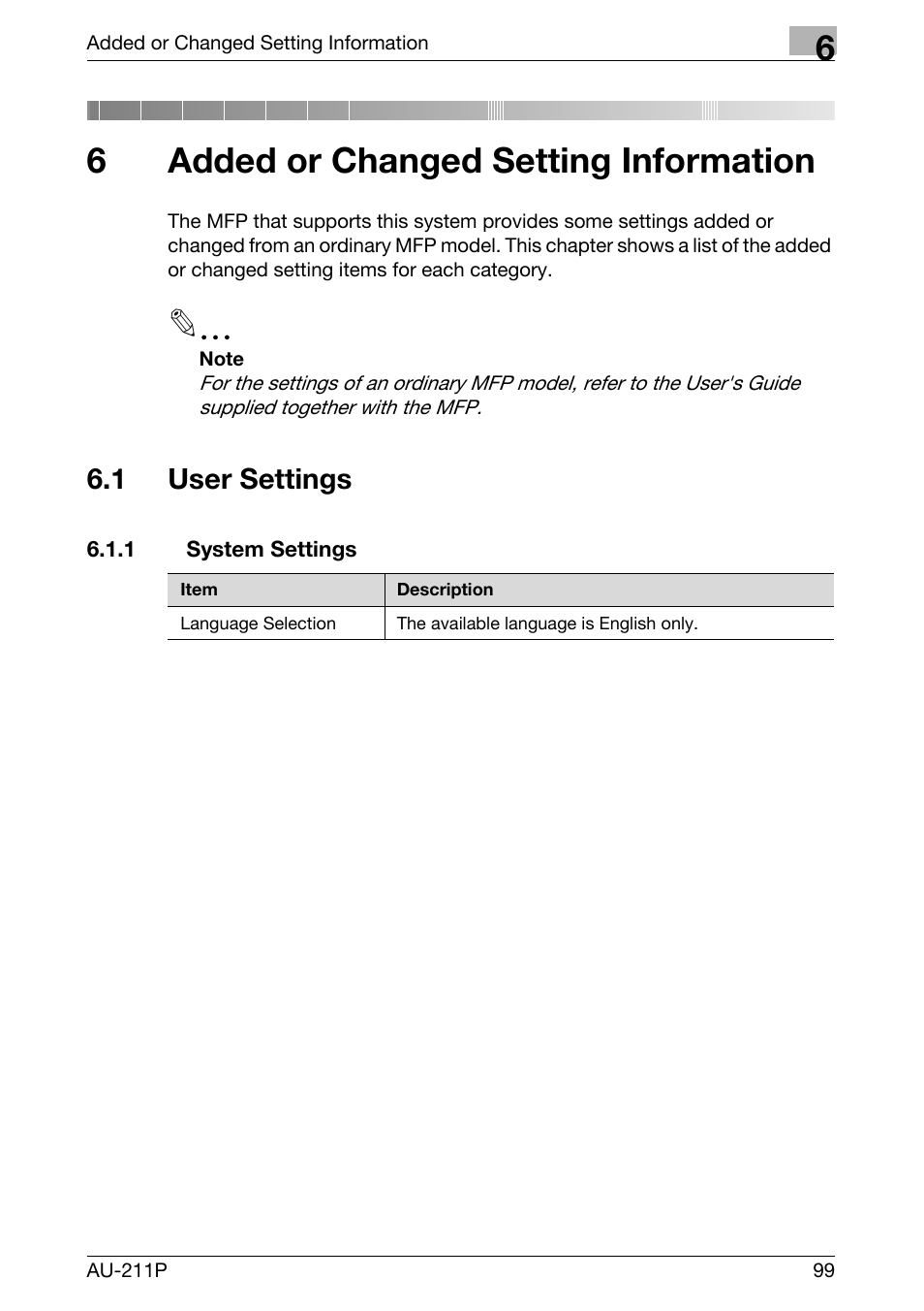 6 added or changed setting information, 1 user settings, 1 system settings | 6added or changed setting information | Konica Minolta bizhub 751 User Manual | Page 37 / 53