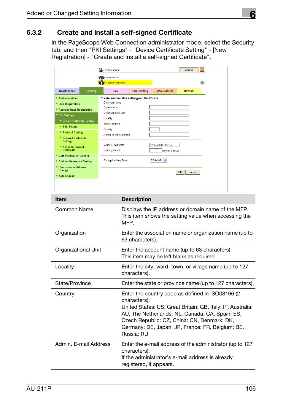 2 create and install a self-signed certificate, Create and install a self- signed certificate | Konica Minolta bizhub 751 User Manual | Page 44 / 53