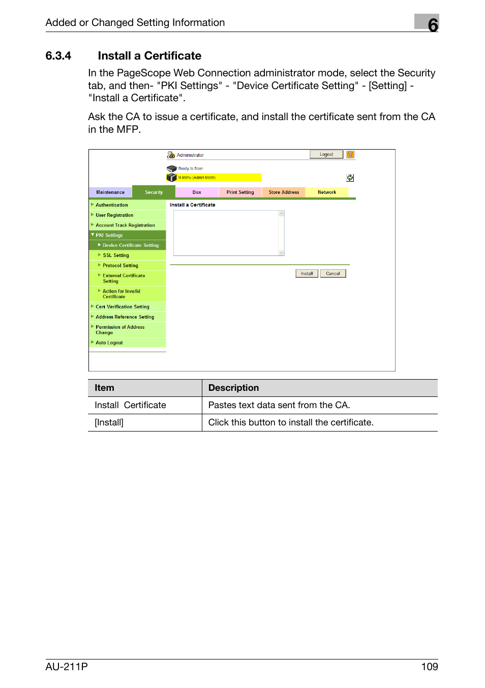 4 install a certificate, Install a certificate | Konica Minolta bizhub 751 User Manual | Page 47 / 53