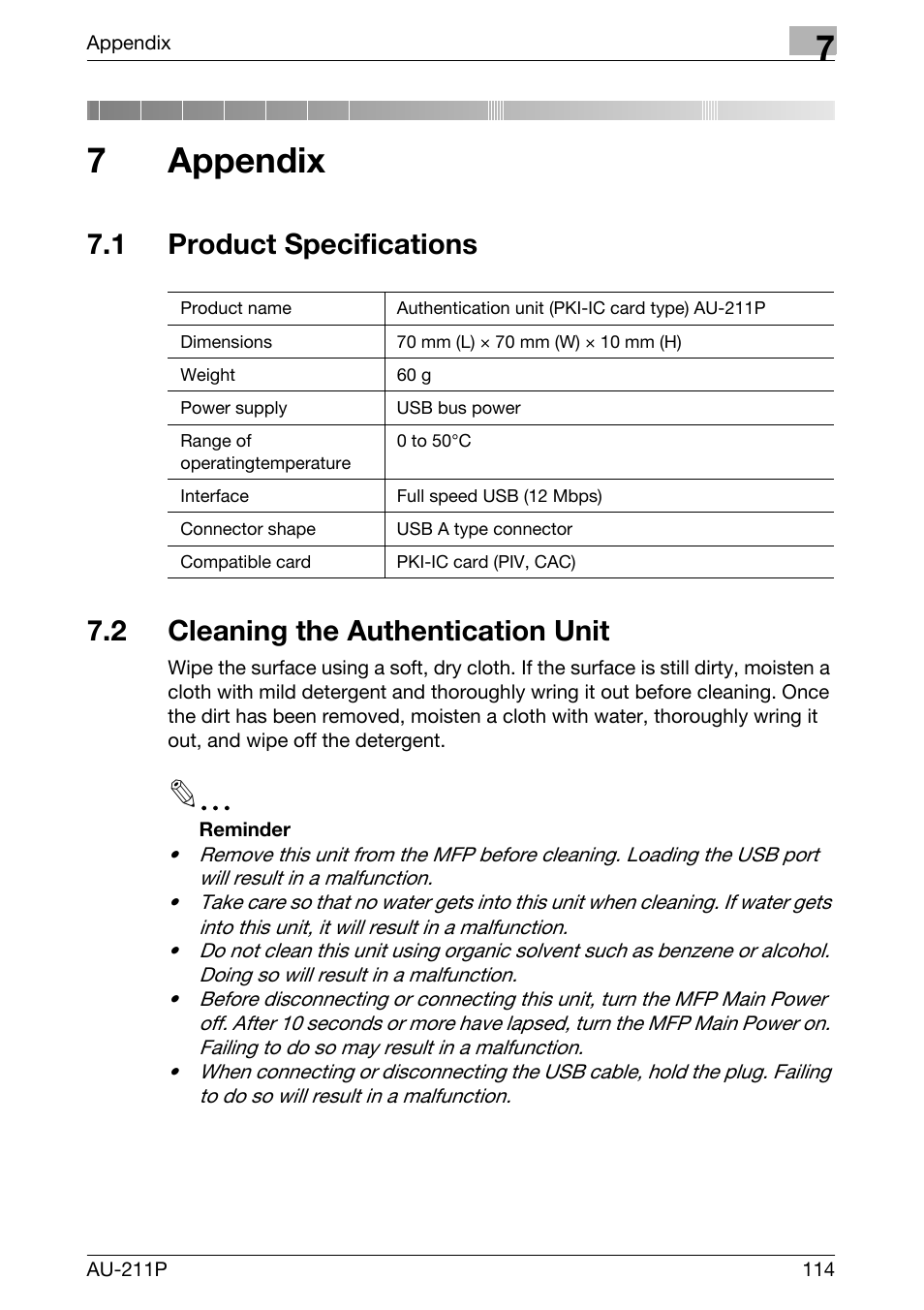 7 appendix, 1 product specifications, 2 cleaning the authentication unit | 7appendix | Konica Minolta bizhub 751 User Manual | Page 52 / 53