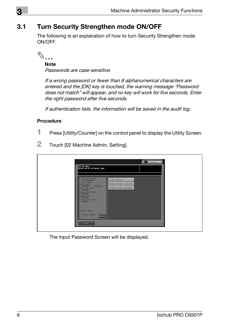 1 turn security strengthen mode on/off, Turn security strengthen mode on/off | Konica Minolta bizhub PRO C6501P User Manual | Page 14 / 32