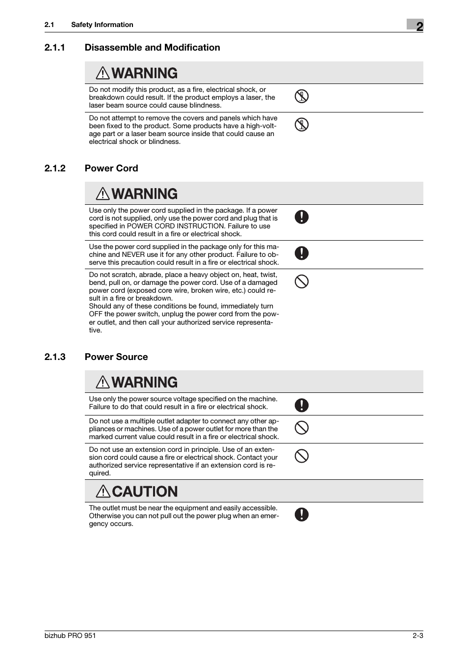 1 disassemble and modification, 2 power cord, 3 power source | Disassemble and modification -3, Power cord -3, Power source -3 | Konica Minolta bizhub PRO 951 User Manual | Page 13 / 36