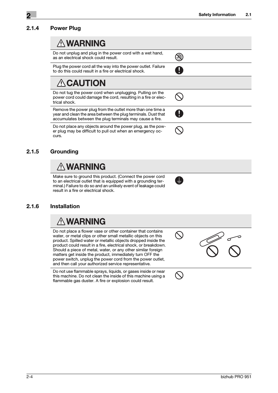 4 power plug, 5 grounding, 6 installation | Power plug -4, Grounding -4, Installation -4 | Konica Minolta bizhub PRO 951 User Manual | Page 14 / 36