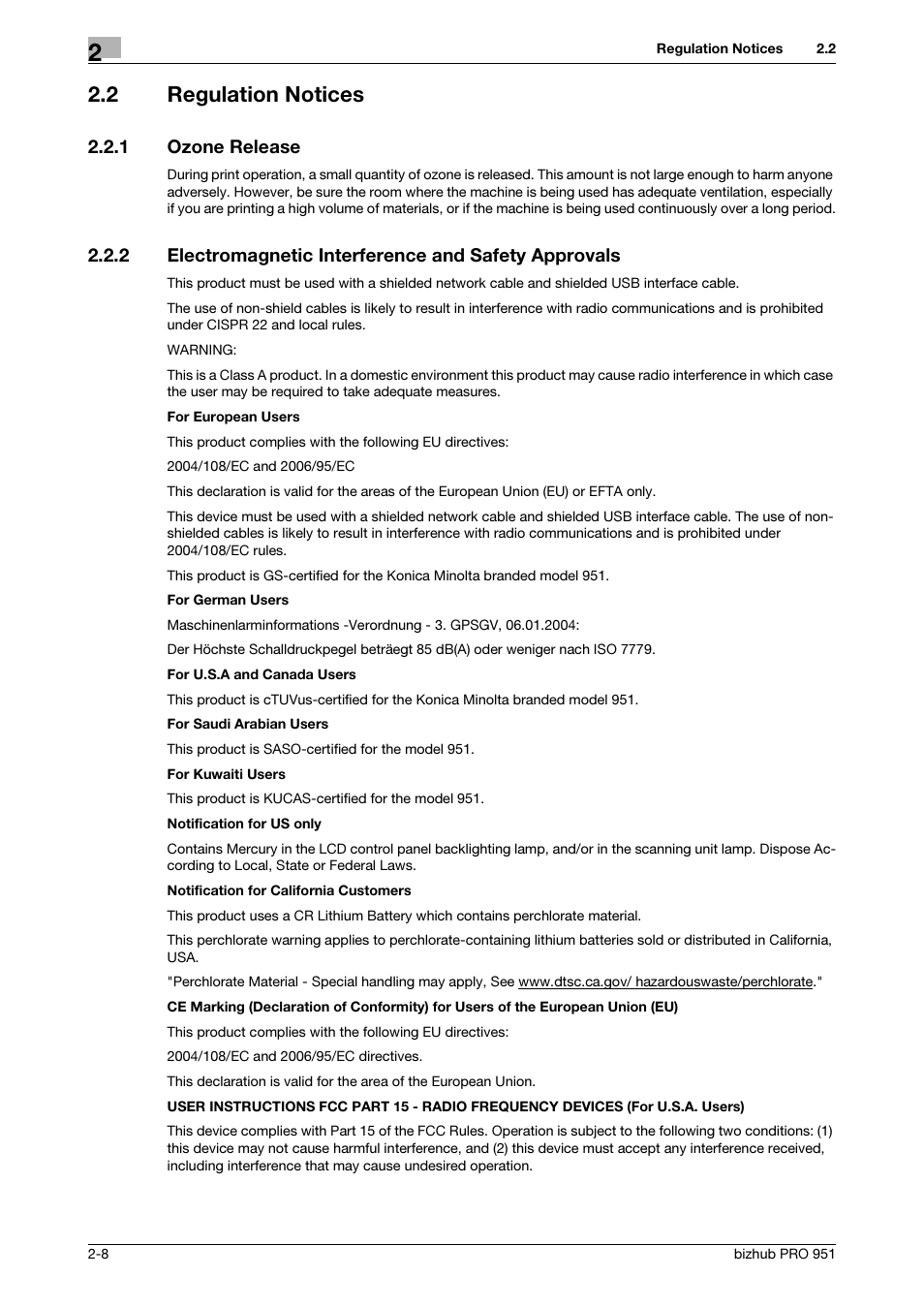 2 regulation notices, 1 ozone release, Regulation notices -8 | Ozone release -8 | Konica Minolta bizhub PRO 951 User Manual | Page 18 / 36