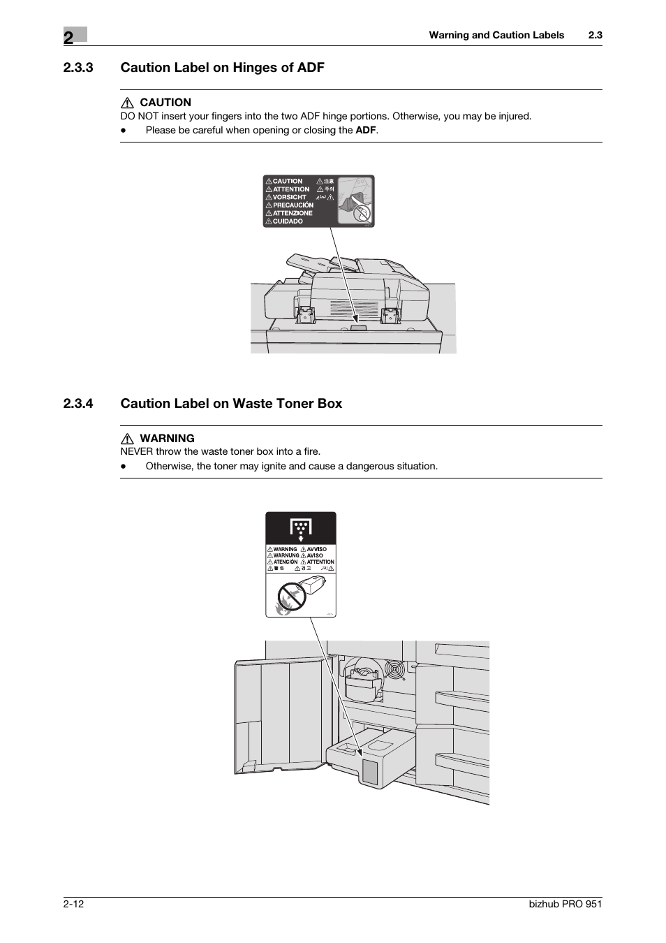 3 caution label on hinges of adf, 4 caution label on waste toner box, Caution label on hinges of adf -12 | Caution label on waste toner box -12 | Konica Minolta bizhub PRO 951 User Manual | Page 22 / 36