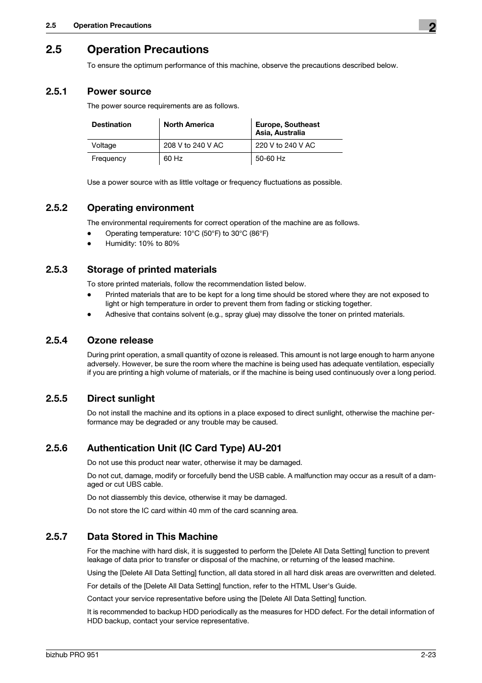 5 operation precautions, 1 power source, 2 operating environment | 3 storage of printed materials, 4 ozone release, 5 direct sunlight, 6 authentication unit (ic card type) au-201, 7 data stored in this machine, Operation precautions -23, Power source -23 | Konica Minolta bizhub PRO 951 User Manual | Page 33 / 36