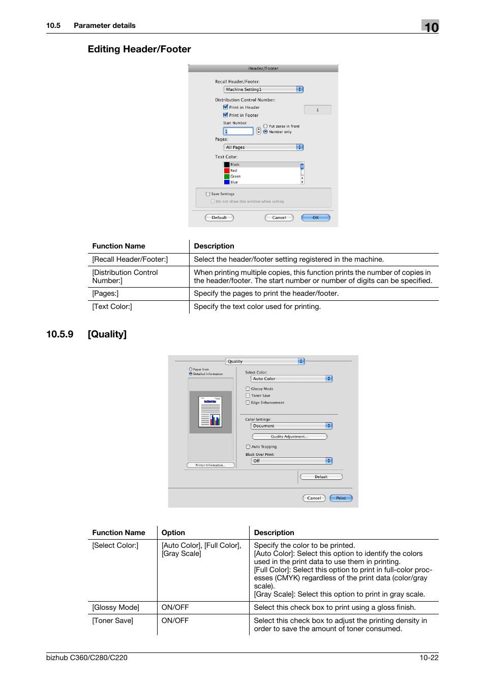 Editing header/footer, 9 [quality, Editing header/footer -22 | Quality] -22, Editing header/footer 10.5.9 [quality | Konica Minolta BIZHUB C360 User Manual | Page 138 / 311