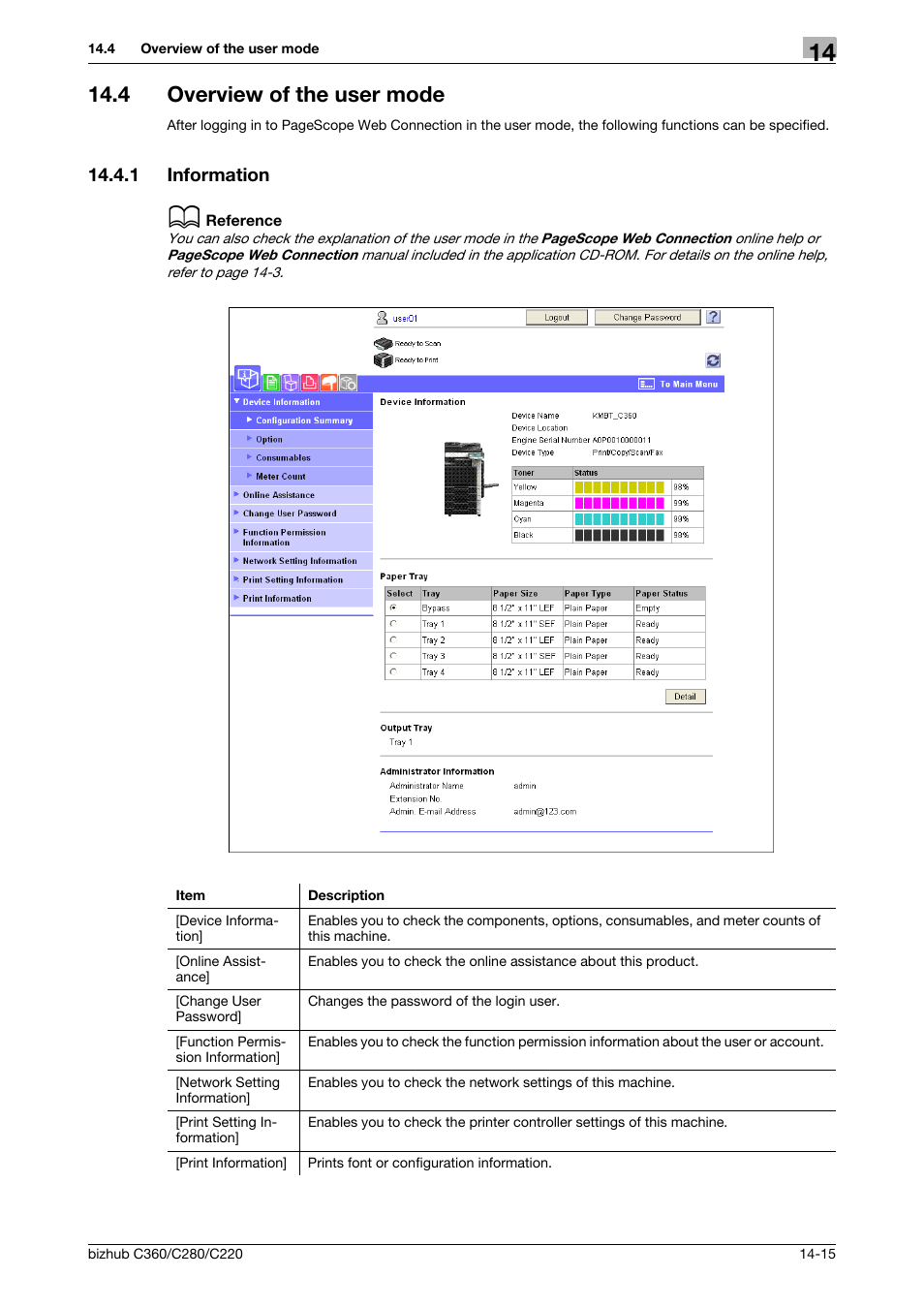 4 overview of the user mode, 1 information, Overview of the user mode -15 | Information -15 | Konica Minolta BIZHUB C360 User Manual | Page 268 / 311