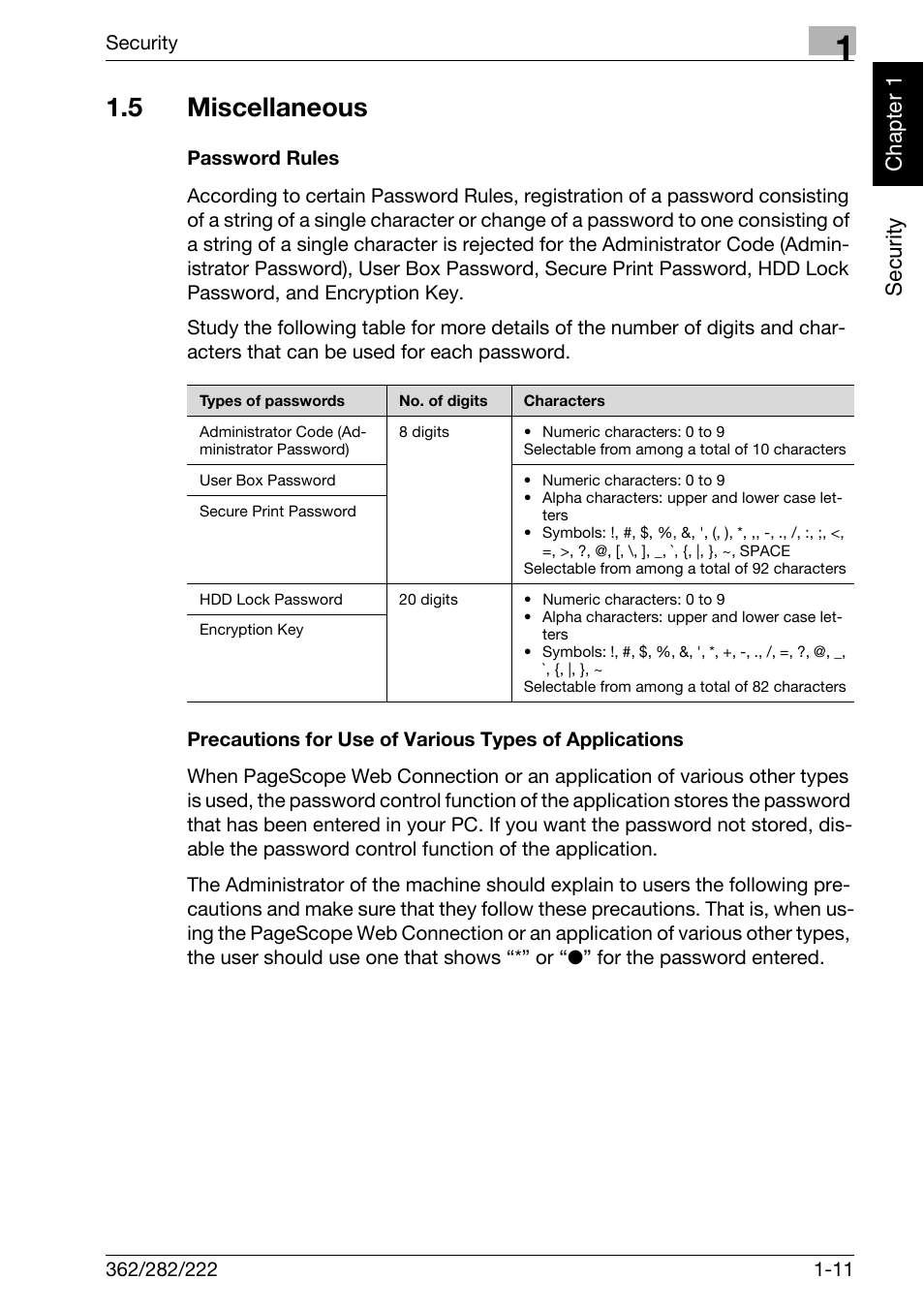 5 miscellaneous, Password rules, Miscellaneous -11 | Security chapter 1 | Konica Minolta bizhub 282 User Manual | Page 16 / 90