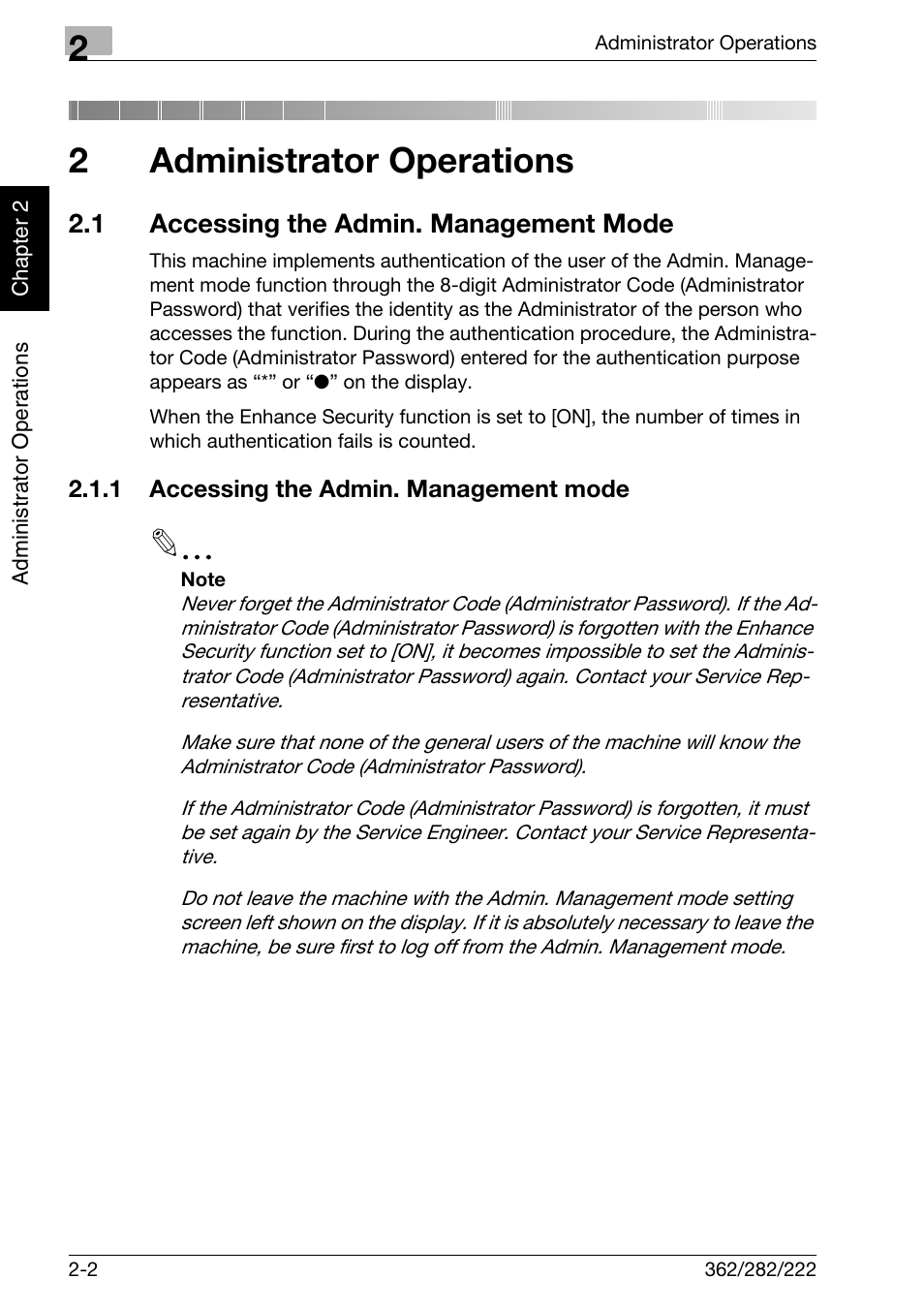 2 administrator operations, 1 accessing the admin. management mode, Administrator operations | Accessing the admin. management mode -2, 2administrator operations | Konica Minolta bizhub 282 User Manual | Page 19 / 90