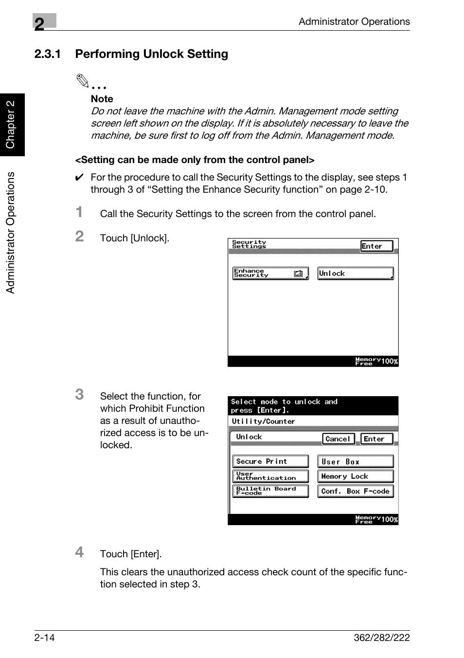 1 performing unlock setting, Setting can be made only from the control panel | Konica Minolta bizhub 282 User Manual | Page 31 / 90