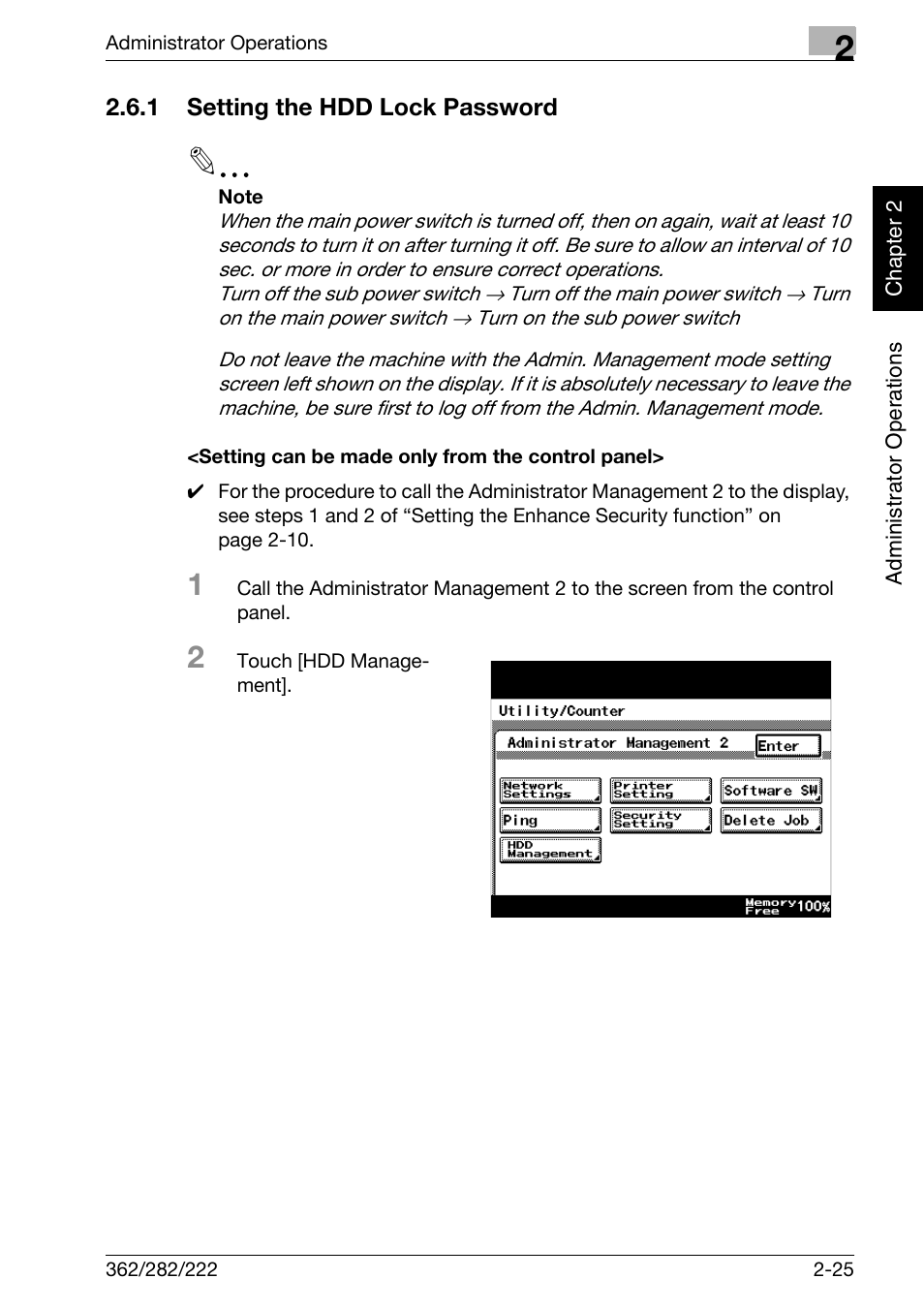 1 setting the hdd lock password, Setting can be made only from the control panel | Konica Minolta bizhub 282 User Manual | Page 42 / 90