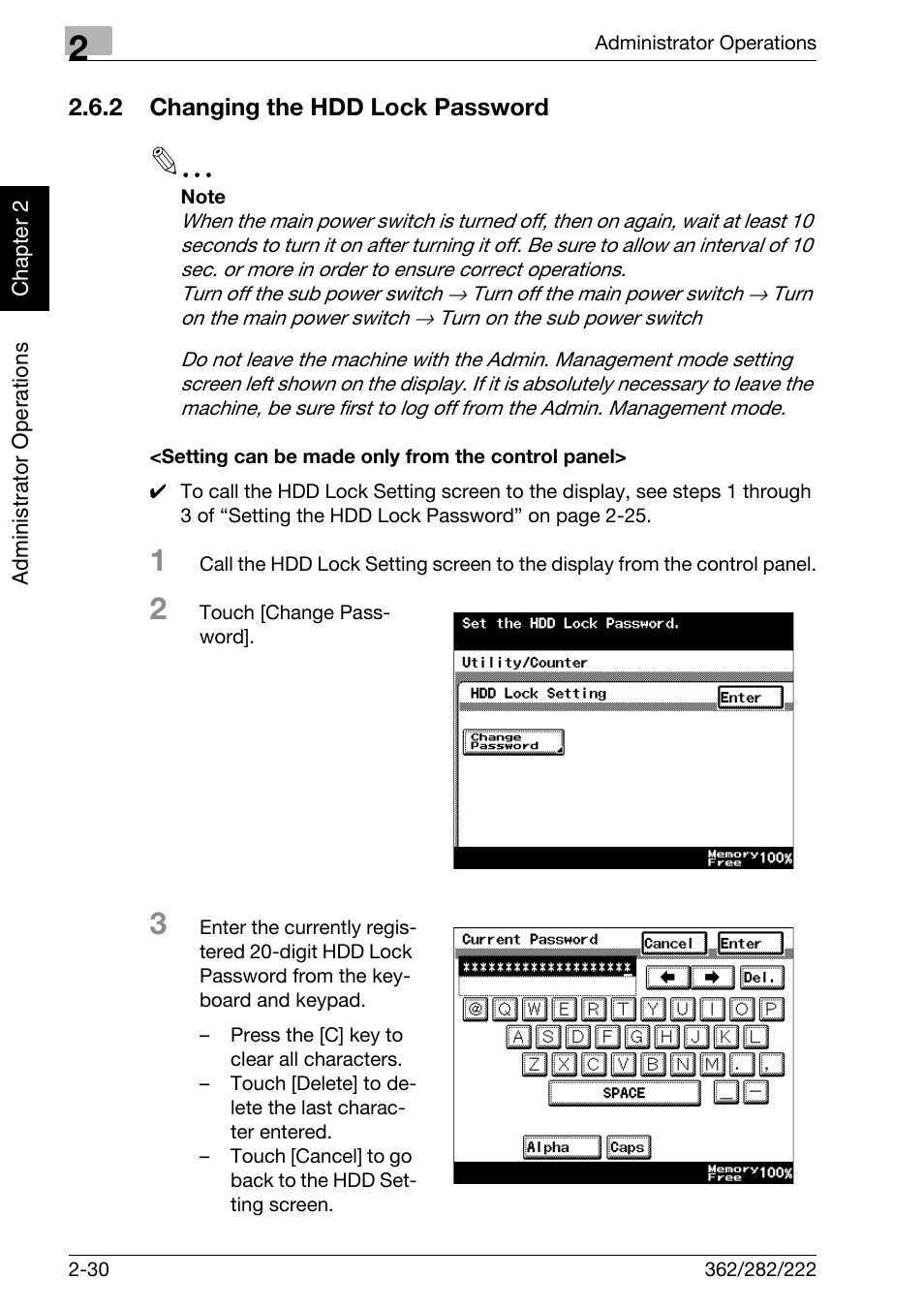 2 changing the hdd lock password, Setting can be made only from the control panel | Konica Minolta bizhub 282 User Manual | Page 47 / 90
