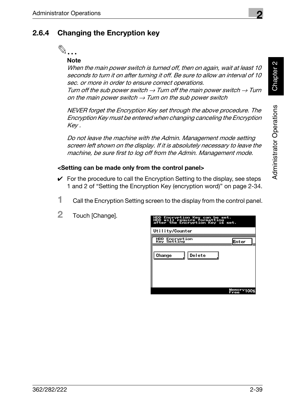 4 changing the encryption key, Setting can be made only from the control panel | Konica Minolta bizhub 282 User Manual | Page 56 / 90