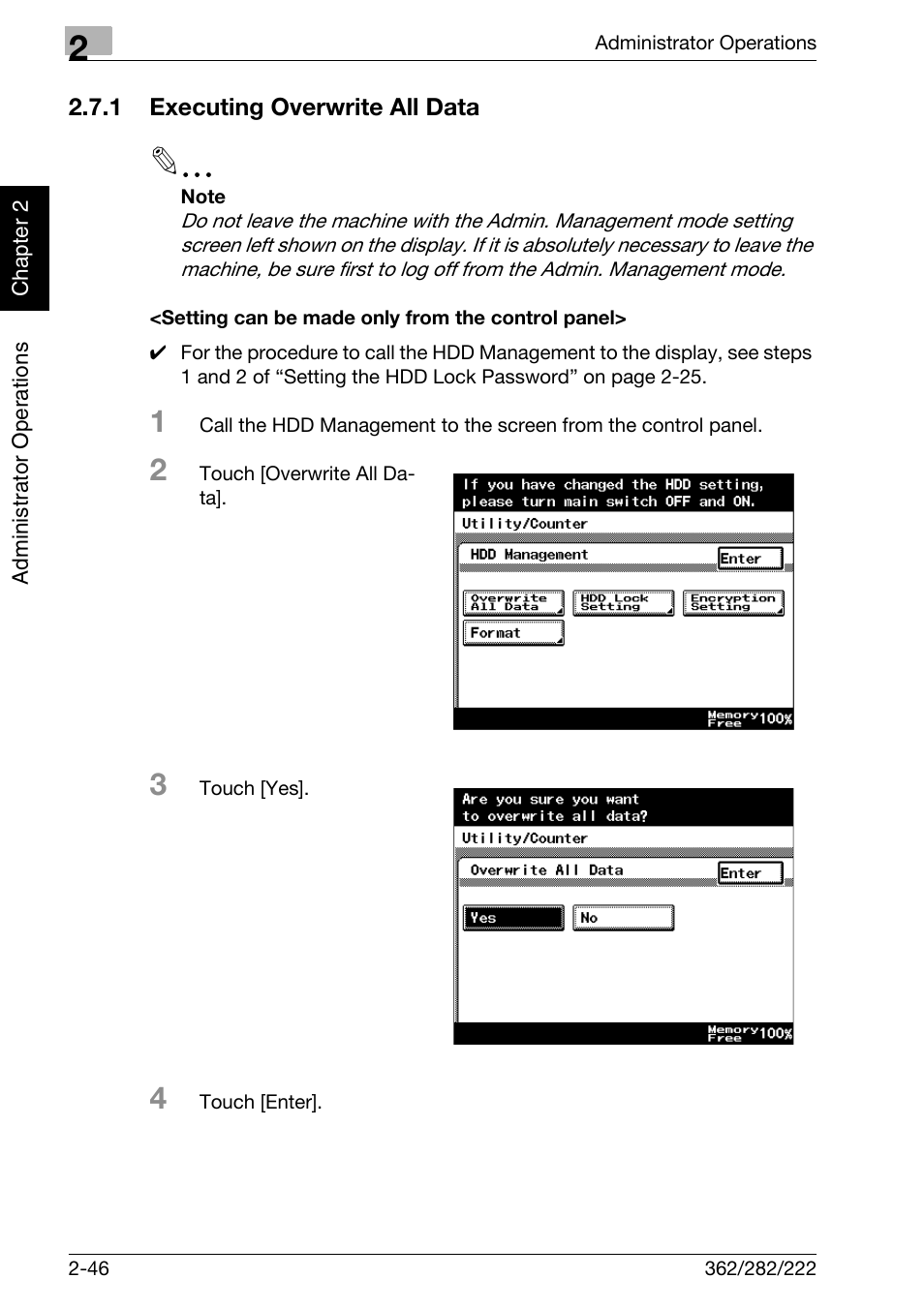 1 executing overwrite all data, Setting can be made only from the control panel | Konica Minolta bizhub 282 User Manual | Page 63 / 90