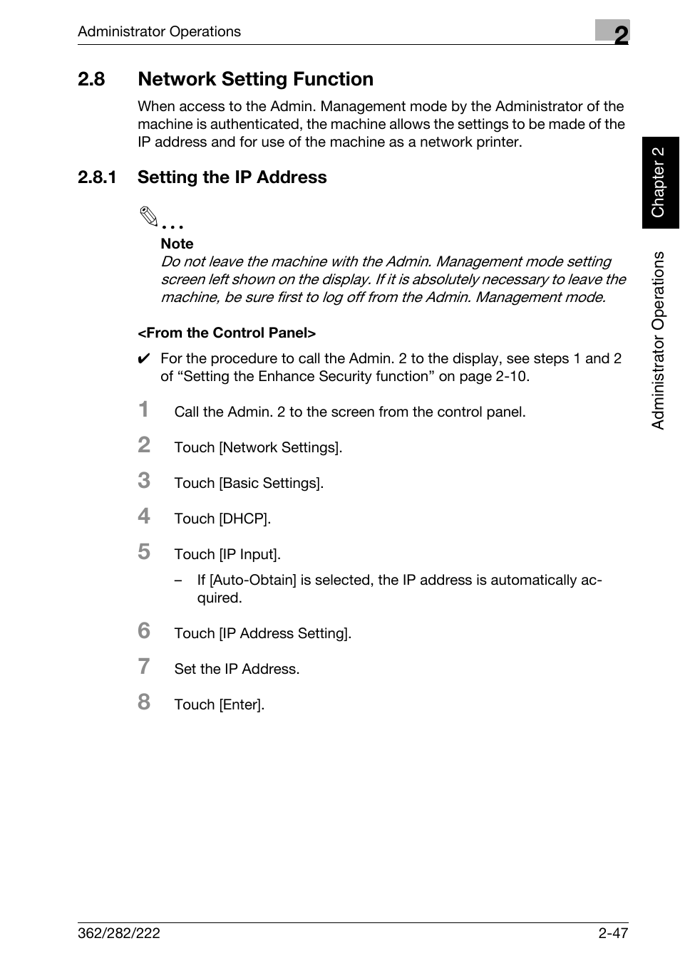 8 network setting function, 1 setting the ip address, From the control panel | Network setting function -47 | Konica Minolta bizhub 282 User Manual | Page 64 / 90