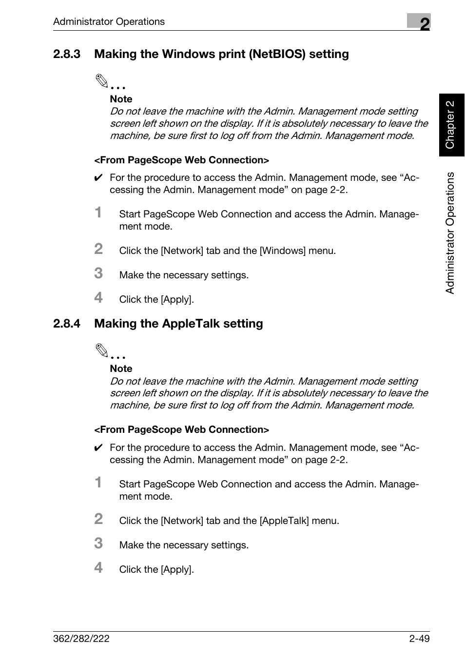 3 making the windows print (netbios) setting, 4 making the appletalk setting | Konica Minolta bizhub 282 User Manual | Page 66 / 90