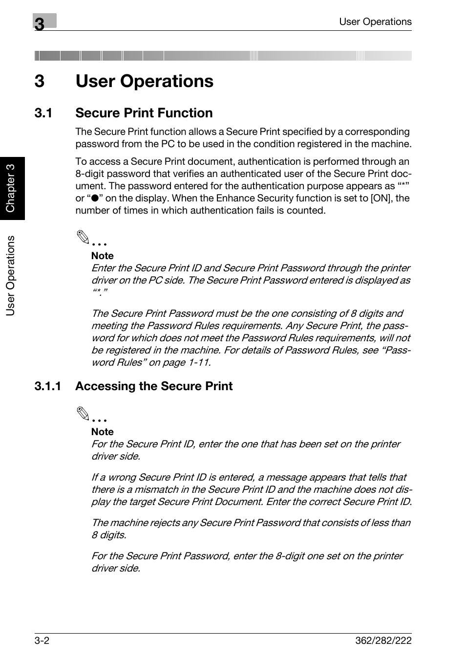 3 user operations, 1 secure print function, 1 accessing the secure print | User operations, Secure print function -2, Accessing the secure print -2, 3user operations | Konica Minolta bizhub 282 User Manual | Page 69 / 90