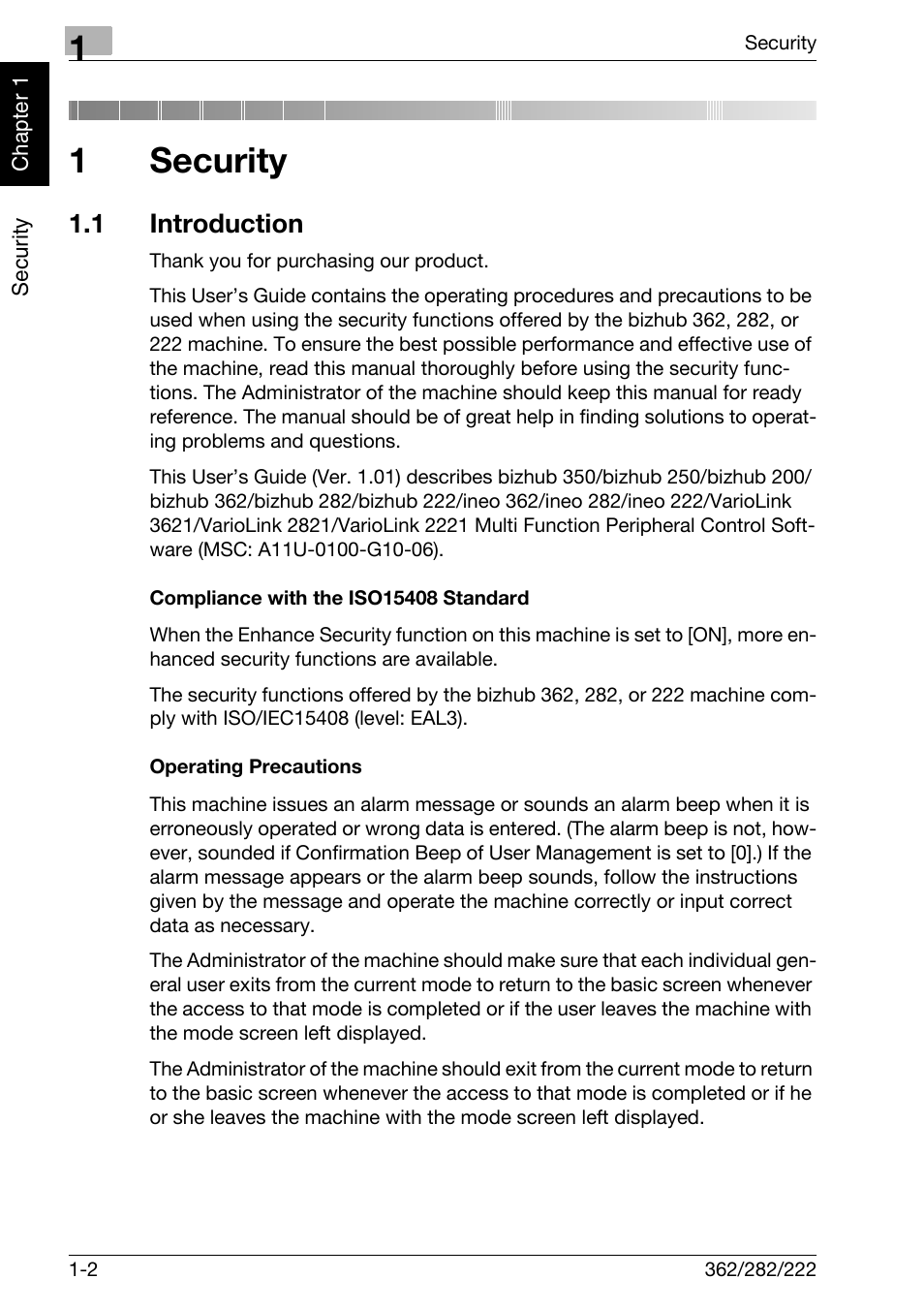 1 security, 1 introduction, Compliance with the iso15408 standard | Operating precautions, Security, Introduction -2, 1security | Konica Minolta bizhub 282 User Manual | Page 7 / 90