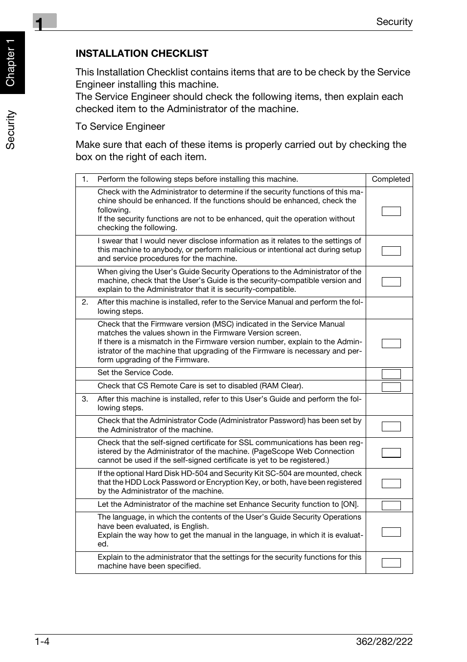 Installation checklist, Installation checklist -4, Security chapter 1 | Konica Minolta bizhub 282 User Manual | Page 9 / 90