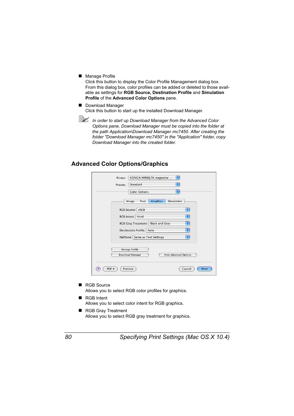 Advanced color options/graphics, Advanced color options/graphics 80 | Konica Minolta magicolor 7450 II User Manual | Page 100 / 350
