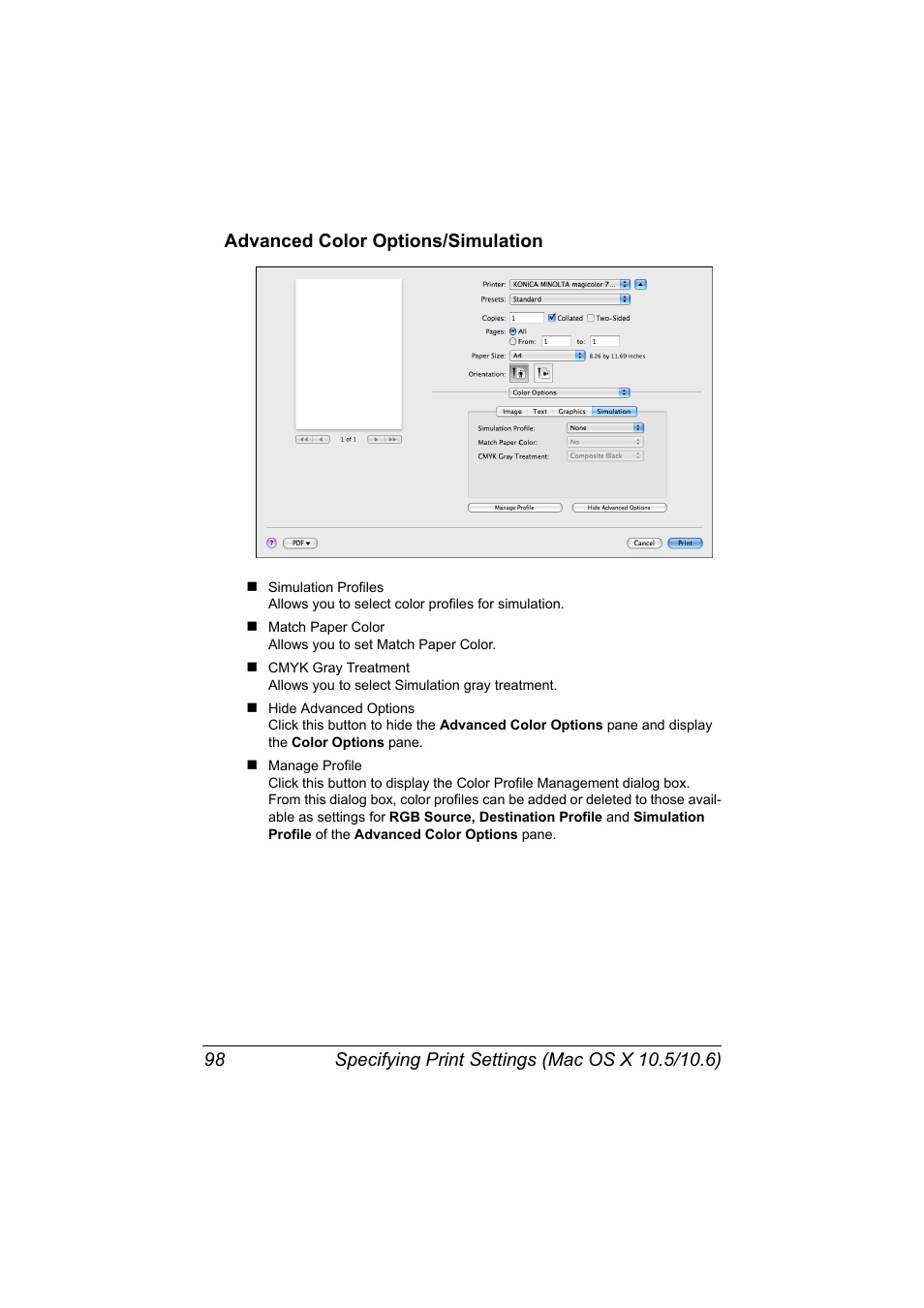 Advanced color options/simulation, Advanced color options/simulation 98 | Konica Minolta magicolor 7450 II User Manual | Page 118 / 350