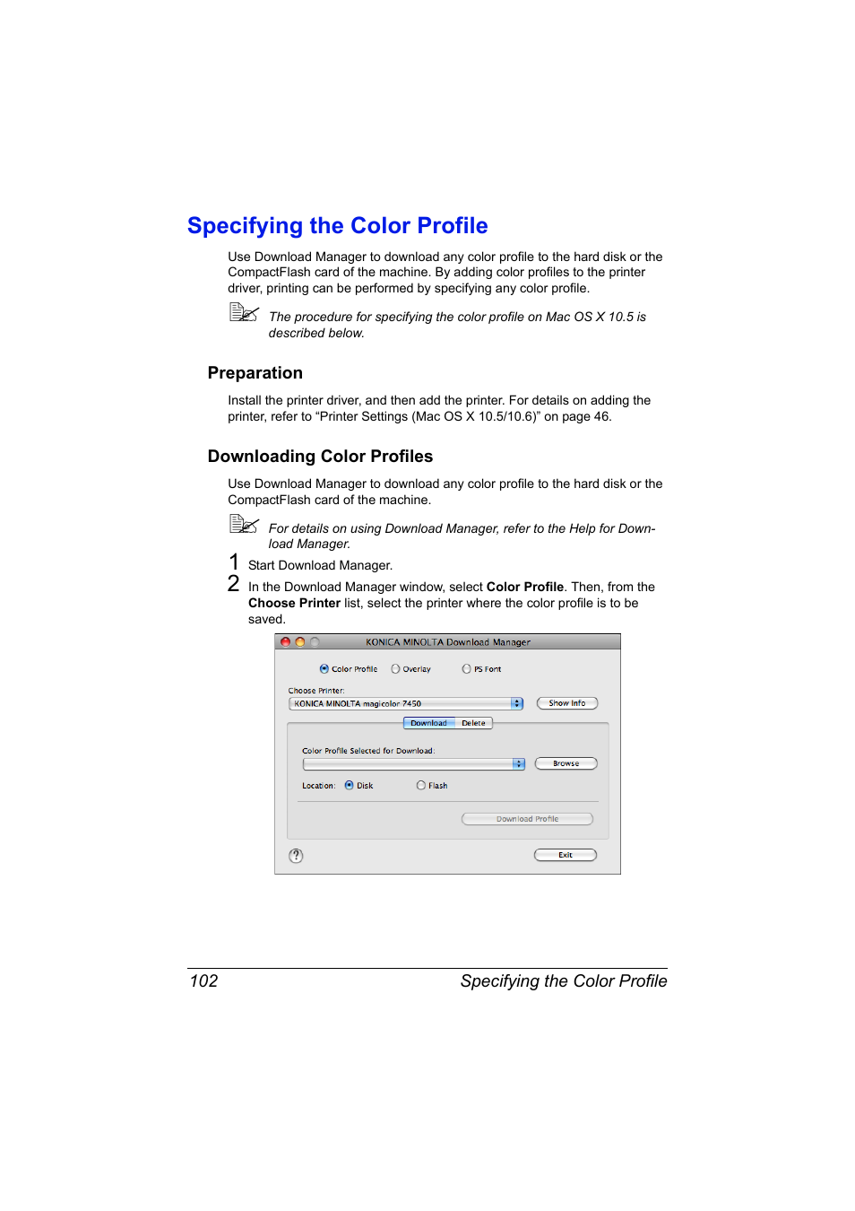 Specifying the color profile, Preparation, Downloading color profiles | Specifying the color profile 102, Preparation 102 downloading color profiles 102 | Konica Minolta magicolor 7450 II User Manual | Page 122 / 350