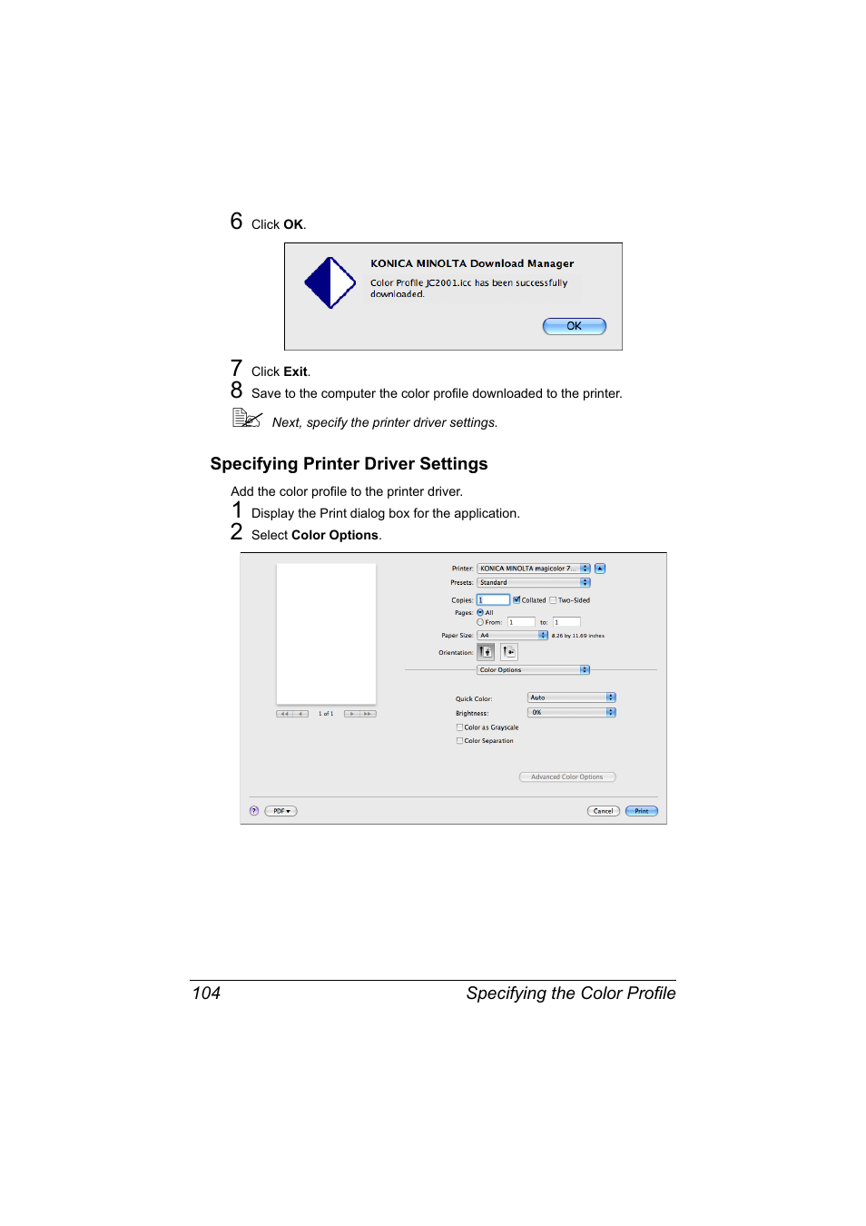 Specifying printer driver settings, Specifying printer driver settings 104 | Konica Minolta magicolor 7450 II User Manual | Page 124 / 350