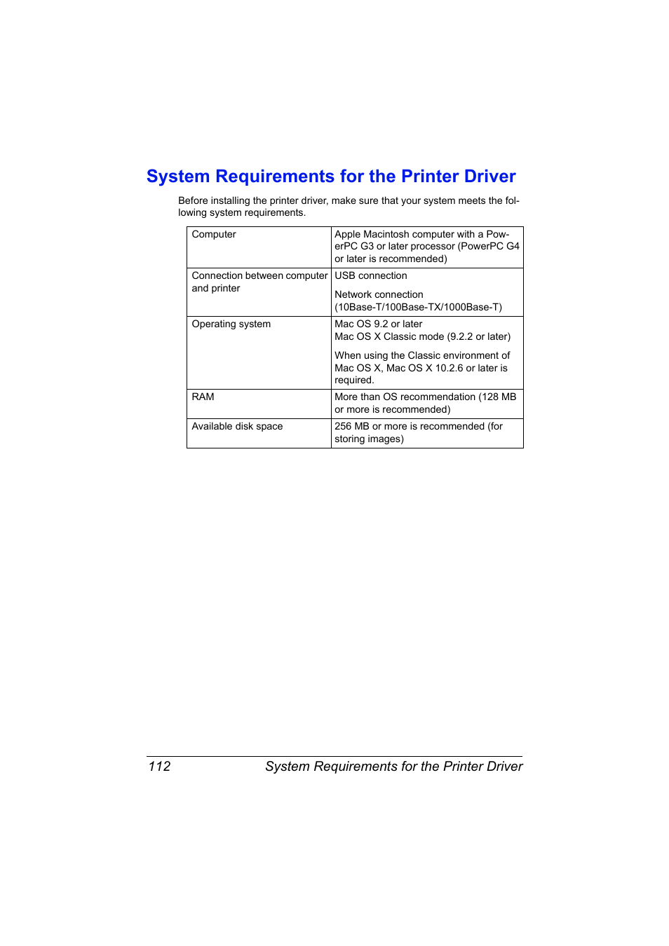 System requirements for the printer driver, System requirements for the printer driver 112 | Konica Minolta magicolor 7450 II User Manual | Page 132 / 350