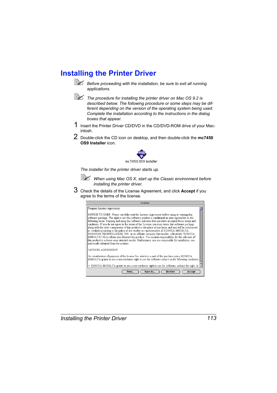 Installing the printer driver, Installing the printer driver 113 | Konica Minolta magicolor 7450 II User Manual | Page 133 / 350