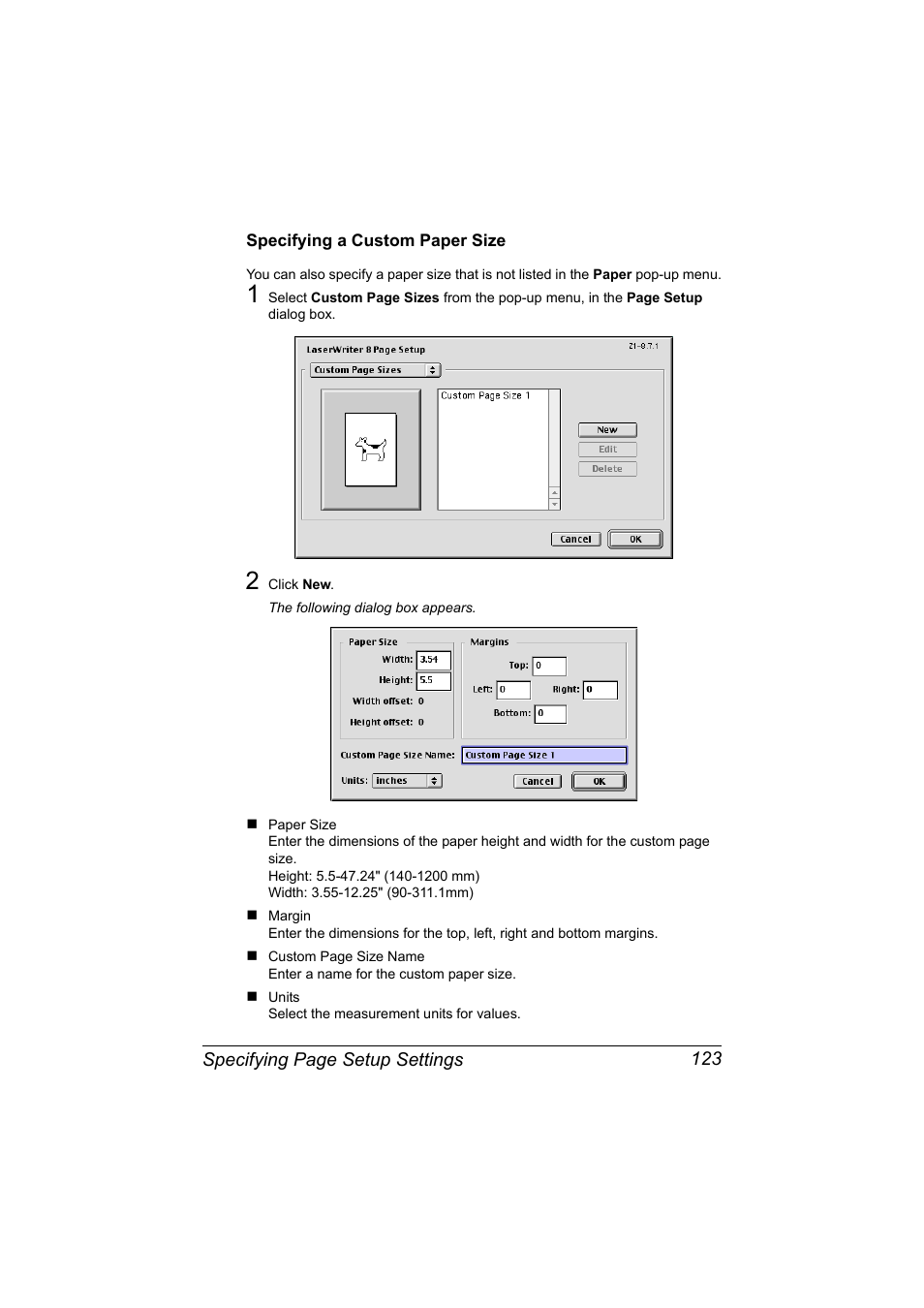 Specifying a custom paper size, Specifying a custom paper size 123 | Konica Minolta magicolor 7450 II User Manual | Page 143 / 350