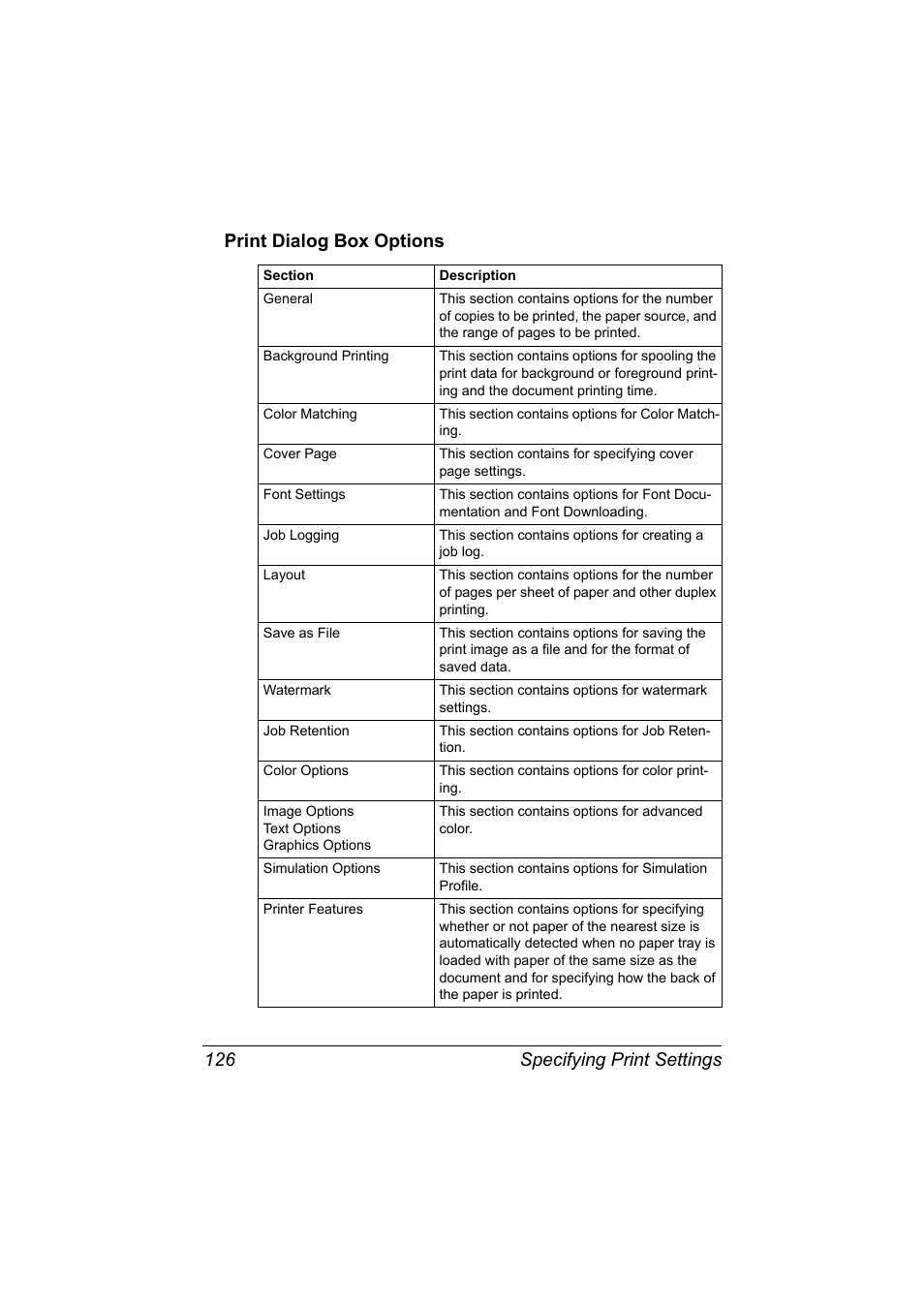 Print dialog box options, Print dialog box options 126 | Konica Minolta magicolor 7450 II User Manual | Page 146 / 350