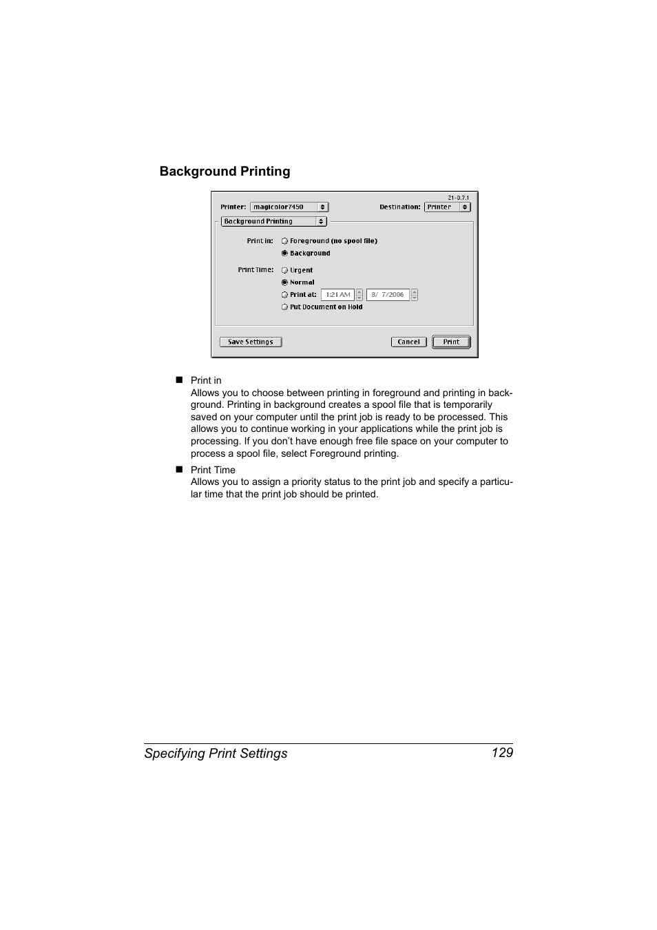 Background printing, Background printing 129 | Konica Minolta magicolor 7450 II User Manual | Page 149 / 350