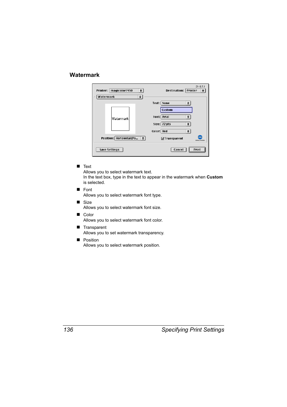 Watermark, Watermark 136, Specifying print settings 136 watermark | Konica Minolta magicolor 7450 II User Manual | Page 156 / 350